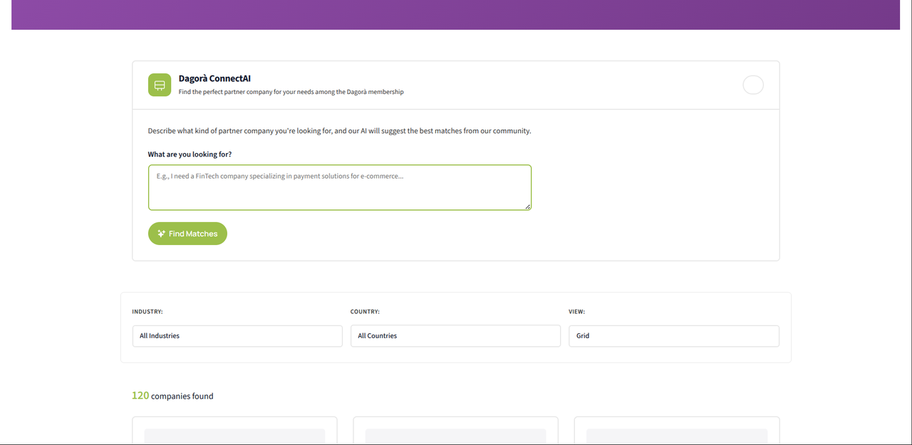 Dagorà ConnectAI: 'Find the perfect partner company for your needs' with a free-text search box and a Find Matches button