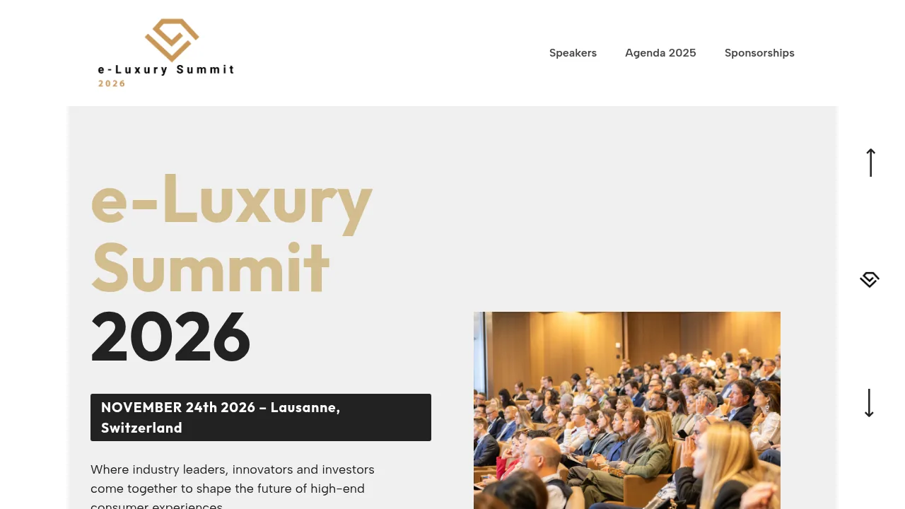 The e-Luxury Summit homepage: 'e-Luxury Summit 2026' in bold type over a photo of a packed conference audience