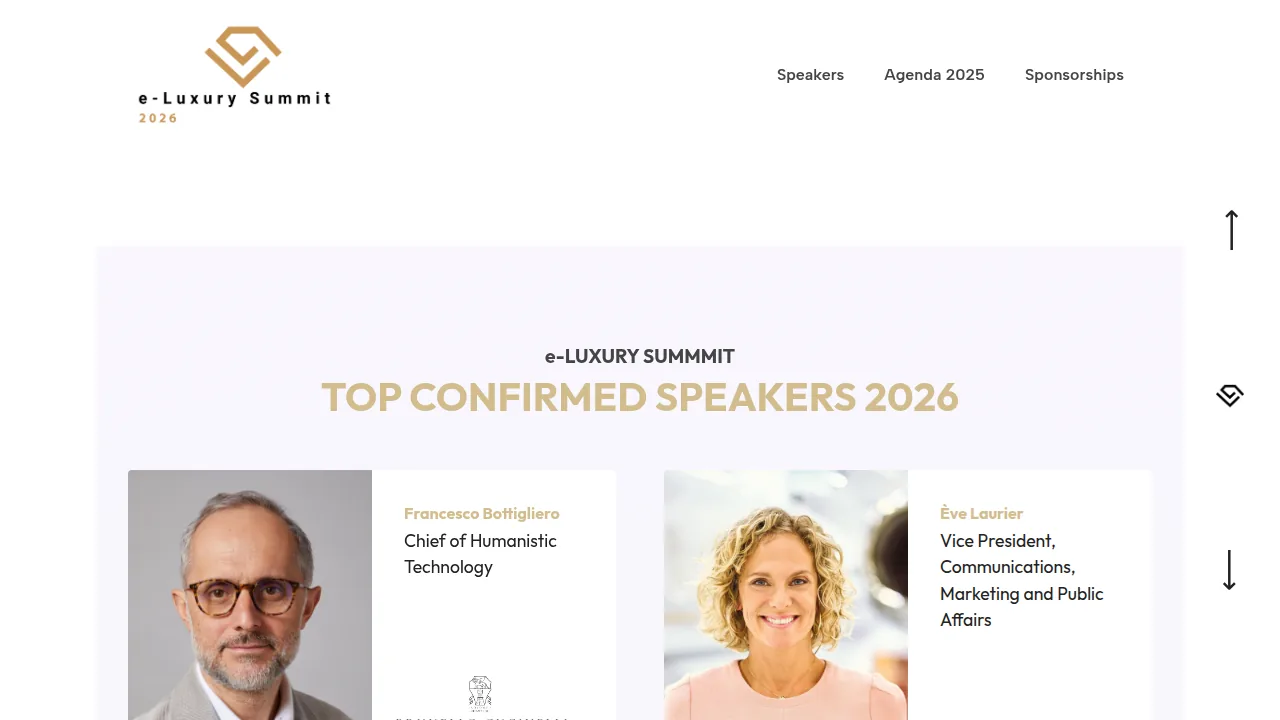The e-Luxury Summit speakers page: 'Top Confirmed Speakers 2026' above cards for named speakers with their roles and brand logos