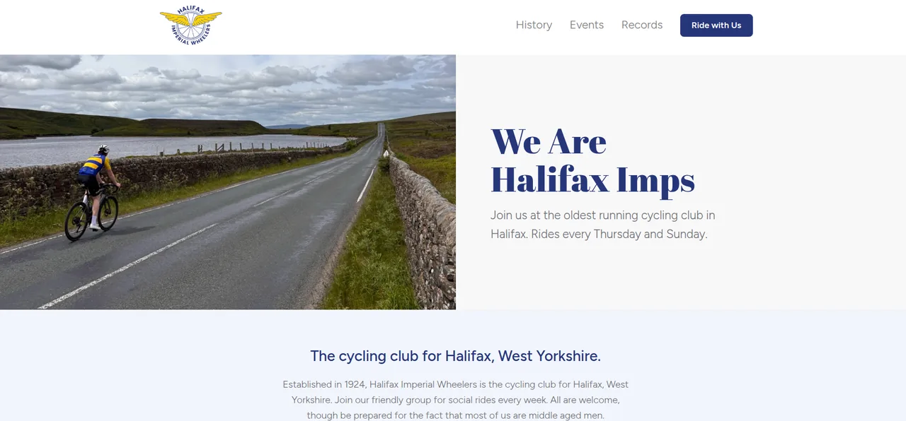 The Halifax Imps homepage: 'We Are Halifax Imps' beside a photo of a cyclist on a Yorkshire road