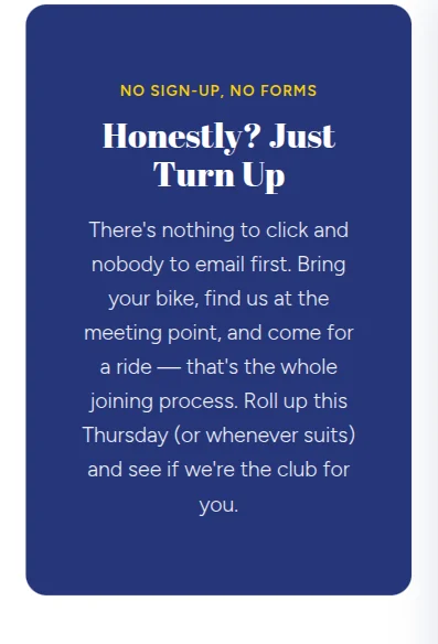 The Halifax Imps site on a phone: a bold navy call-to-action headed 'Honestly? Just Turn Up', telling prospective riders there are no forms, just come along for a ride