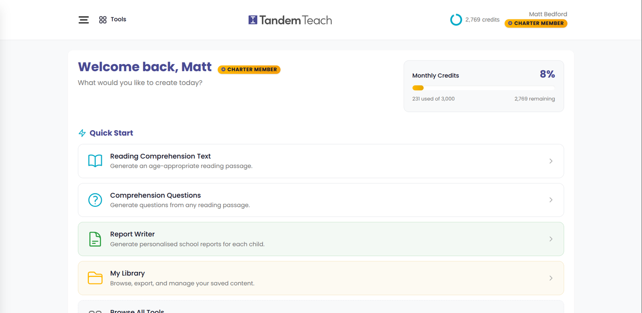 The TandemTeach dashboard: 'Welcome back, Matt' with quick-start tools for reading comprehension, questions and report writing