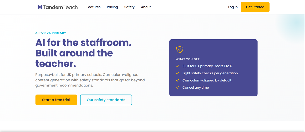 The TandemTeach homepage: 'AI for the staffroom. Built around the teacher.'