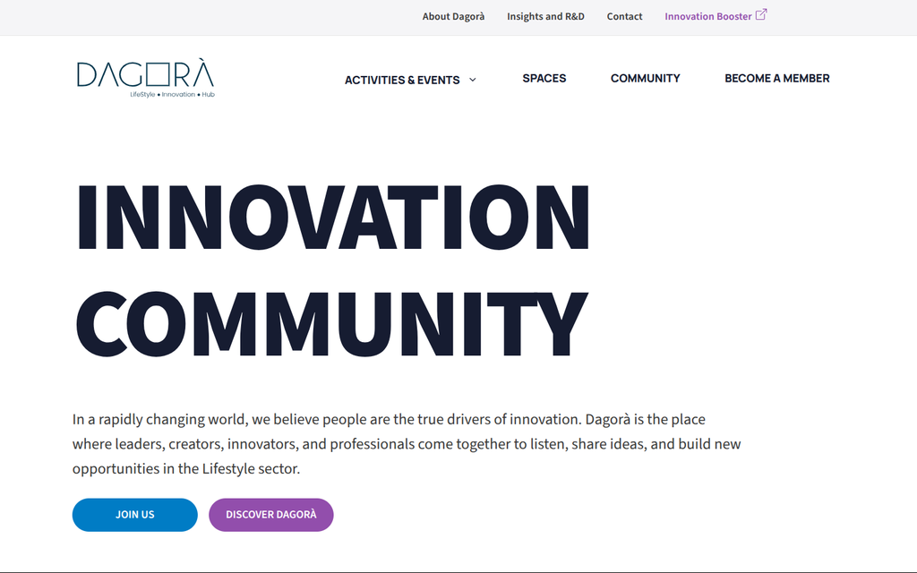 The Dagorà homepage — 'Innovation Community'