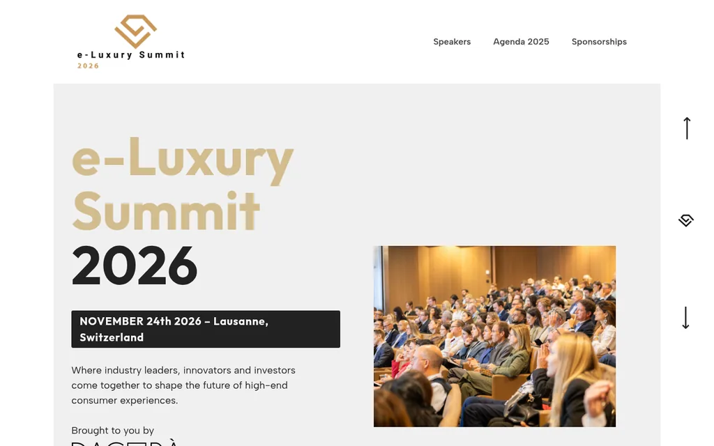 The e-Luxury Summit homepage: 'e-Luxury Summit 2026' over a conference audience