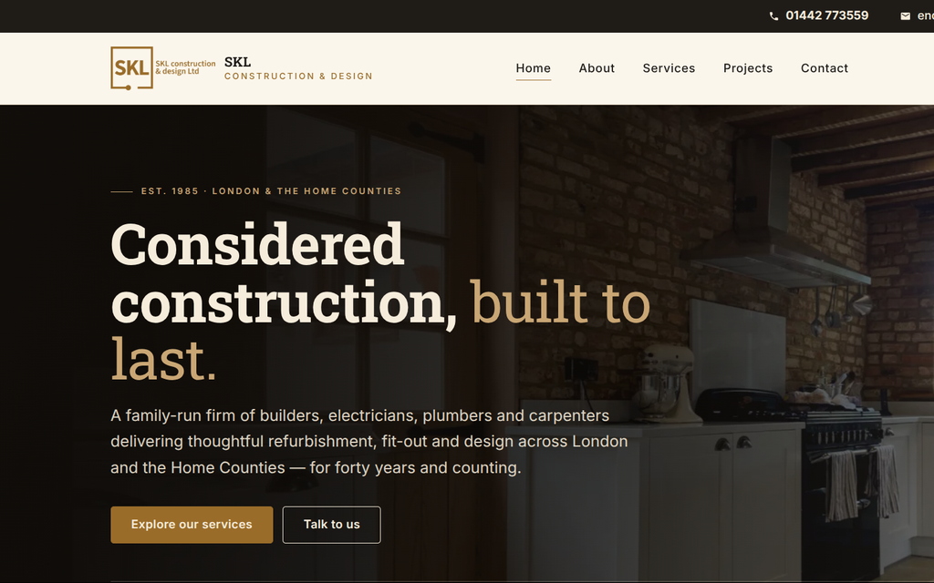 The SKL Construct homepage — 'Considered construction, built to last'