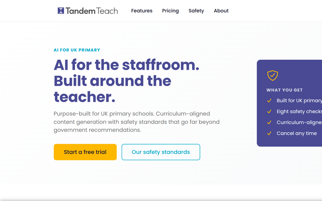 The TandemTeach homepage — 'AI for the staffroom. Built around the teacher.'